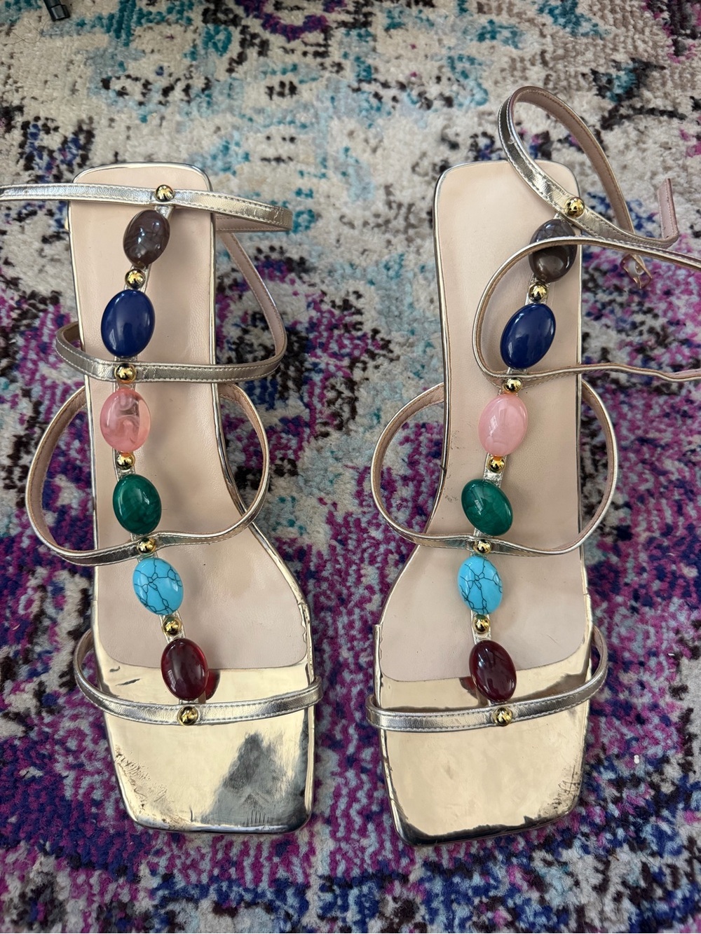 Gold Strappy Sandals with Multicolor Gem Accents
